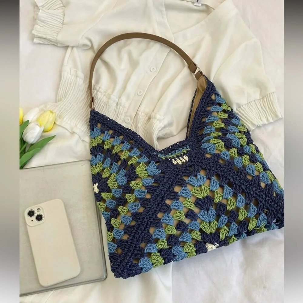 Elegant Blue and Green Crochet Hobo Bag
